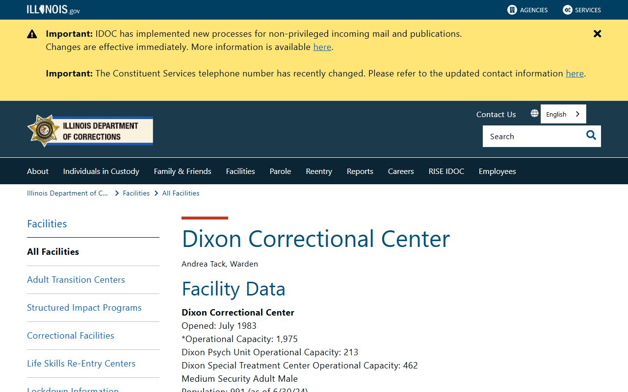 Dixon Correctional Center state prison page in the Lee County inmate population