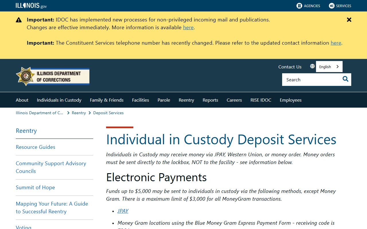 IDOC deposit services for Dixon Correctional Center in Lee County