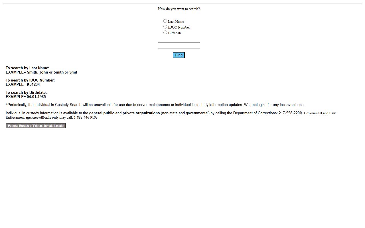 Illinois IDOC search form for sentenced Lee County inmate records