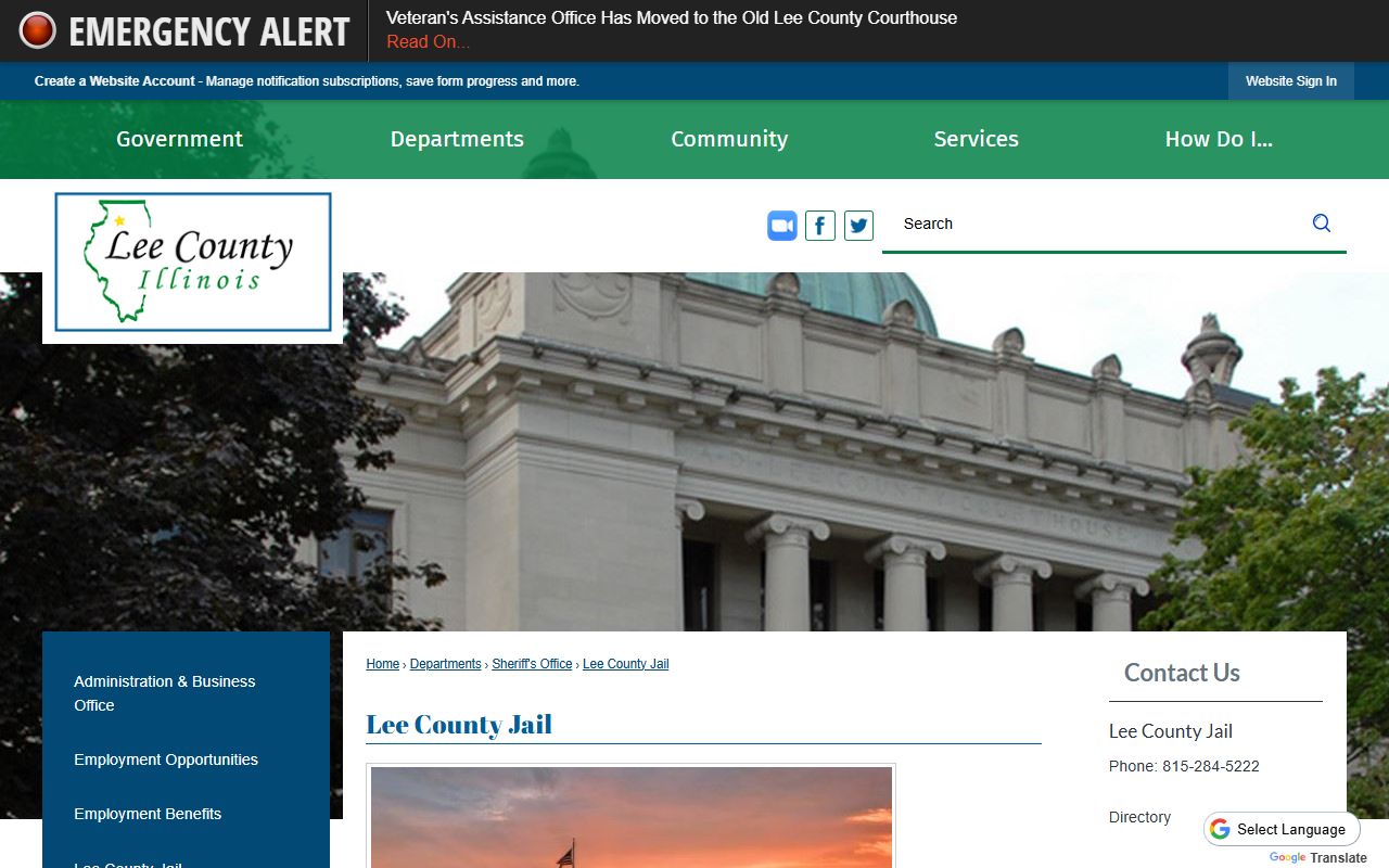 Lee County Jail page linking the current inmate list for the Lee County inmate population