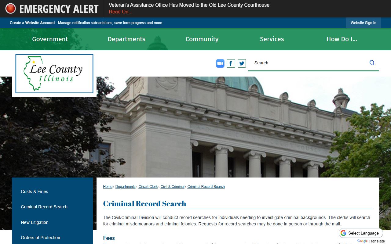 Lee County criminal record search page for court records after an arrest